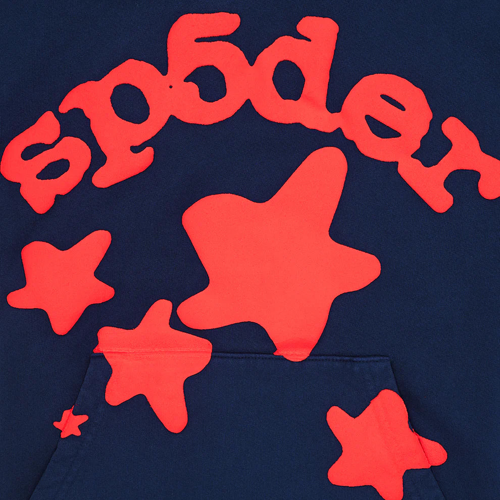 Sp5der 440GSM Heavyweight Hoodie – Navy Blue with Red Star Puff Print Streetwear Pullover