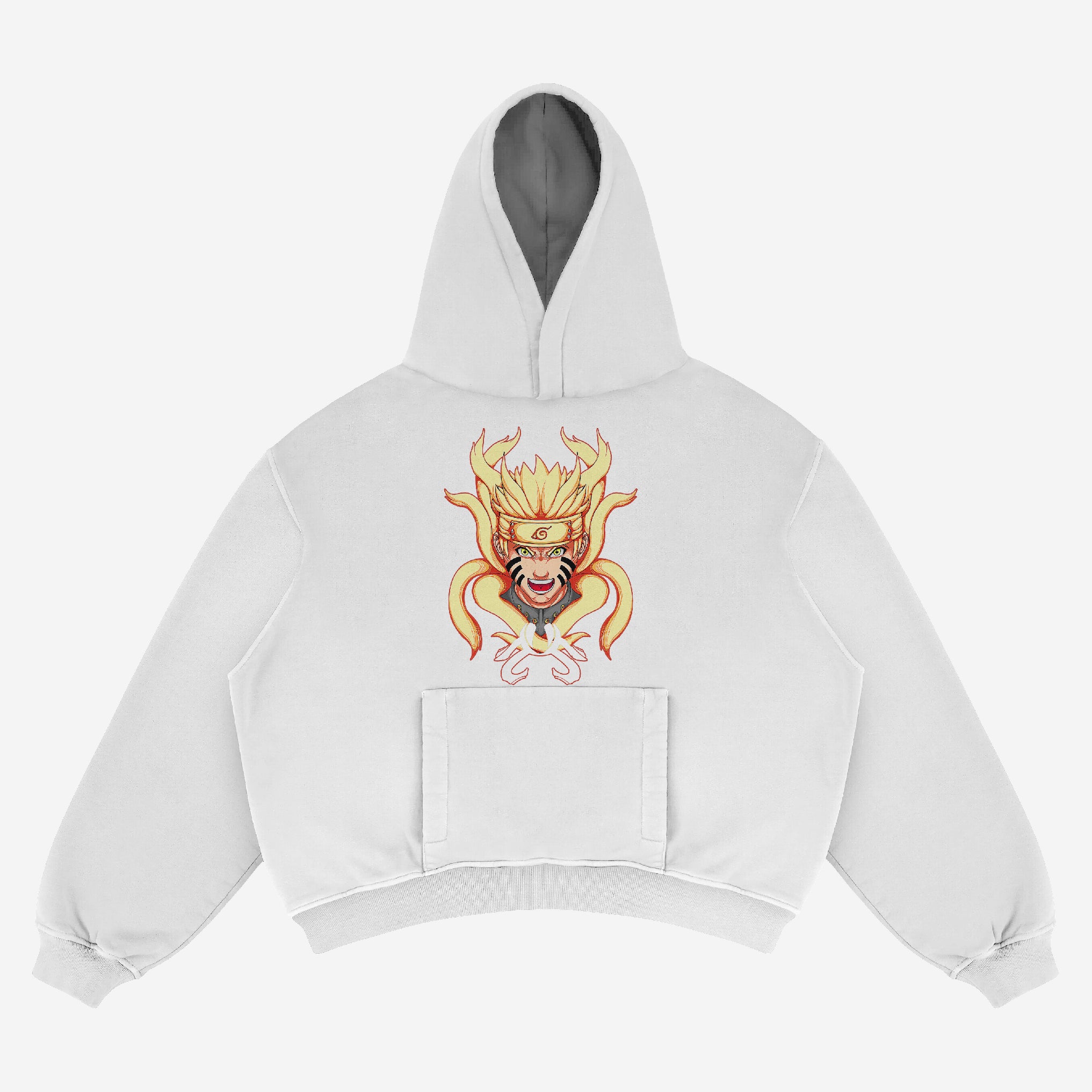 The Naruto Baryon Mode Anime Hoodie from the Naruto brand features a striking snarling golden wolf with red eyes on the back, echoing bold Naruto series styles. It includes a front pocket and darker gray interior hood, combining premium comfort with anime-inspired flair for true fans.