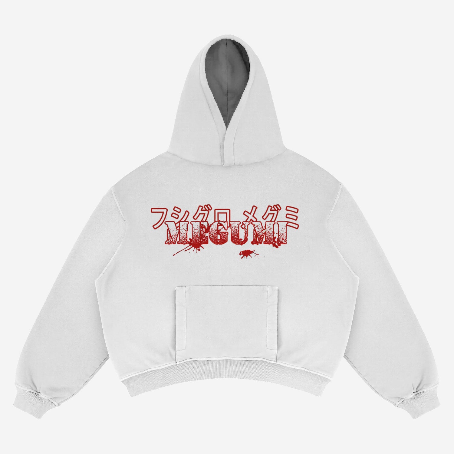 This Jujutsu Kaisen hoodie features a light grey color, front pocket, hood, red Japanese text with "Megumi," and distressed graphics that capture the spirit of the Exclusive Yuta Okkotsu Hoodie for true anime fans.