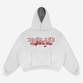 This Jujutsu Kaisen hoodie features a light grey color, front pocket, hood, red Japanese text with "Megumi," and distressed graphics that capture the spirit of the Exclusive Yuta Okkotsu Hoodie for true anime fans.