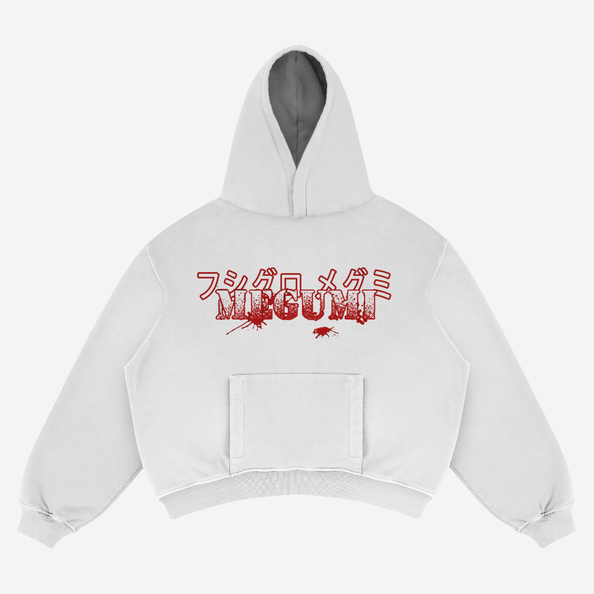 This Jujutsu Kaisen hoodie features a light grey color, front pocket, hood, red Japanese text with "Megumi," and distressed graphics that capture the spirit of the Exclusive Yuta Okkotsu Hoodie for true anime fans.