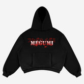 The Exclusive Yuta Okkotsu Hoodie from Jujutsu Kaisen features "MEGUMI" in English and Japanese on the back in red and white text. Inspired by anime, it includes a large front pocket and a hood, showcased on a light gray background.