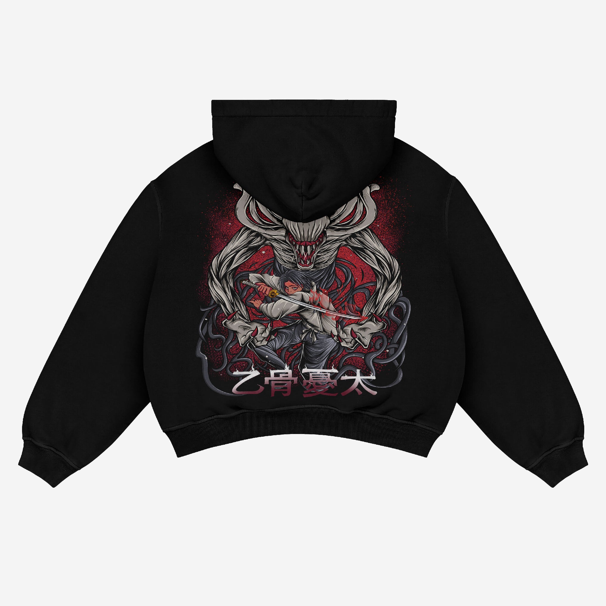This Exclusive Yuta Okkotsu Hoodie from Jujutsu Kaisen features a fierce creature and a sword-wielding figure on the back, inspired by thrilling scenes. The artwork in striking red and gray with stylized text makes it premium anime apparel for true fans.