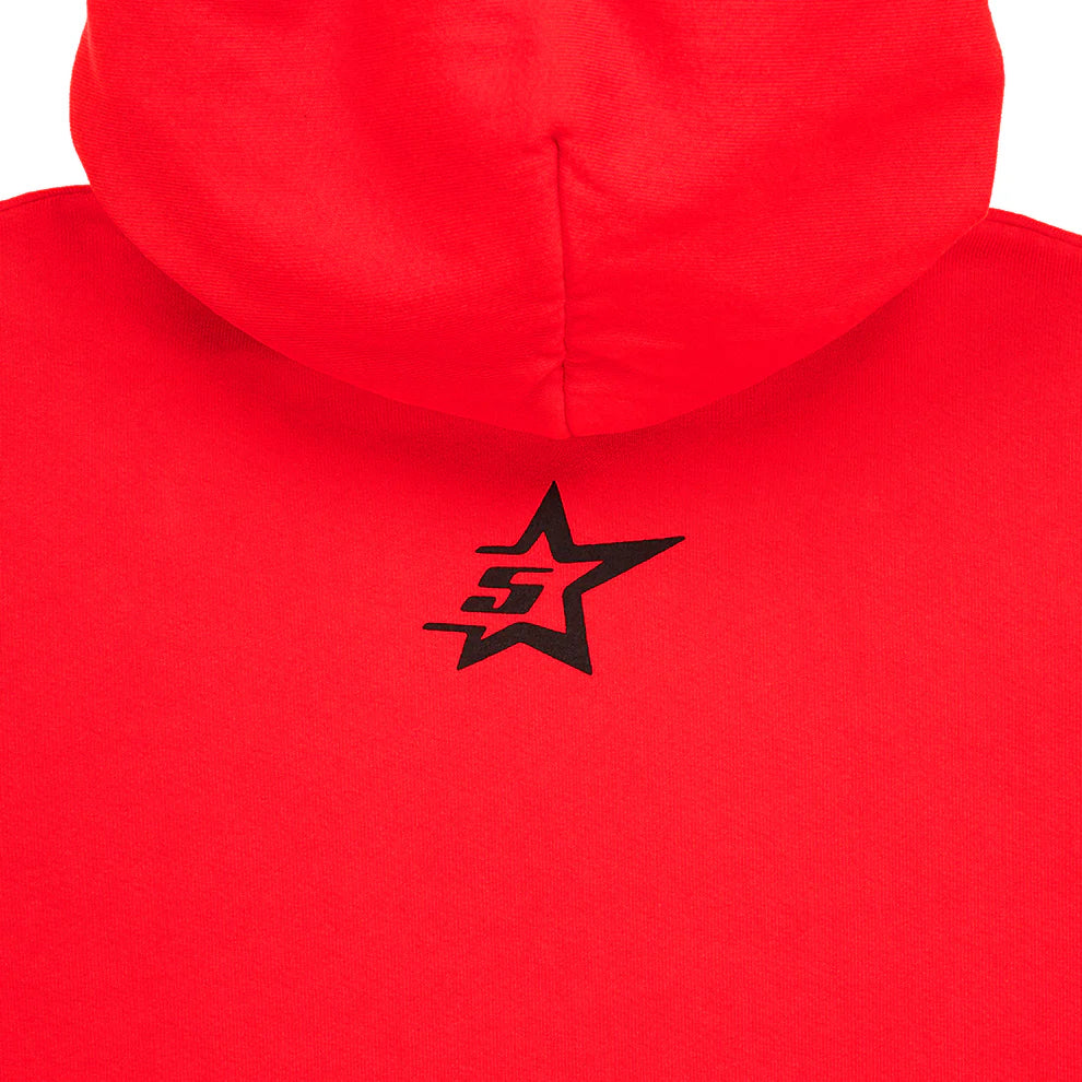 Red Graphic Hoodie with Spider Web Print and Star Details – Comfort Fit Pullover Hoodie
