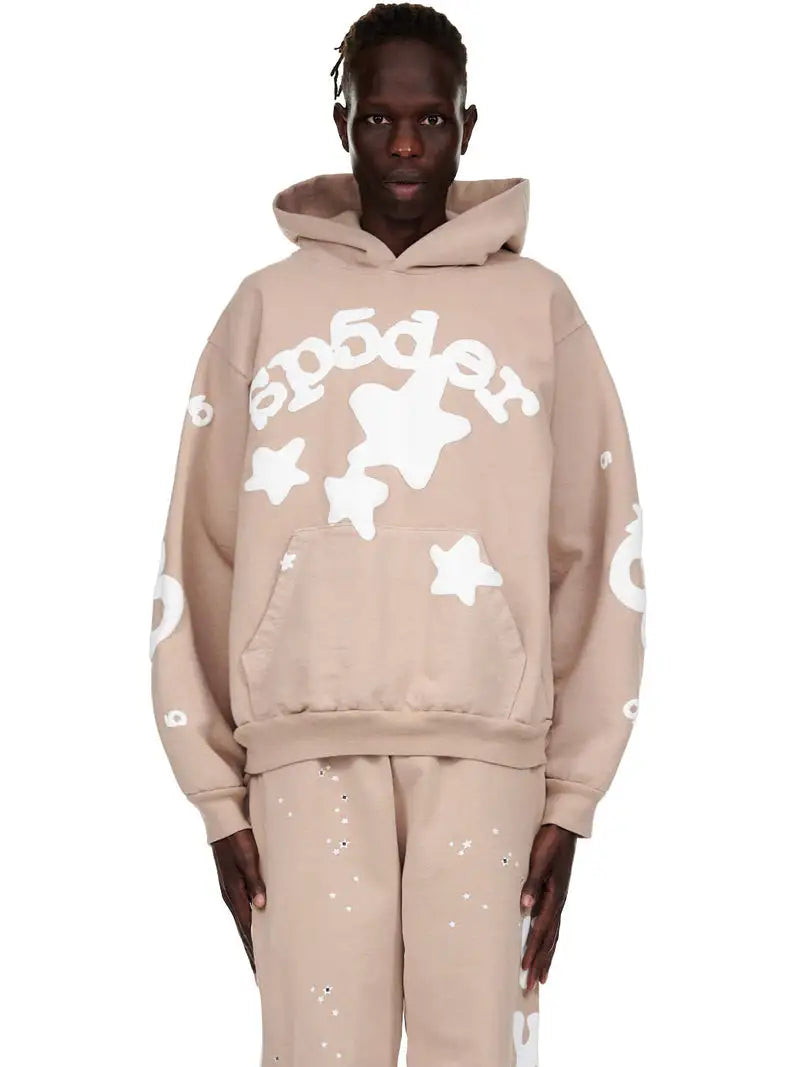 Sp5der Star Hoodie – Brown & White 440GSM Heavyweight Oversized Streetwear Pullover