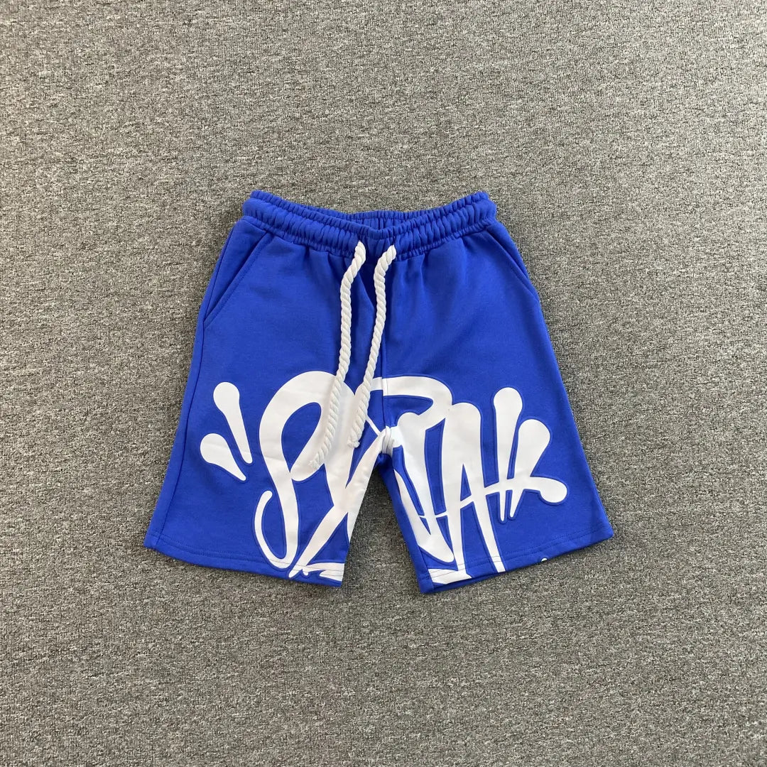 Syna World ブルー グラフィティロゴプリント スウェットショーツ