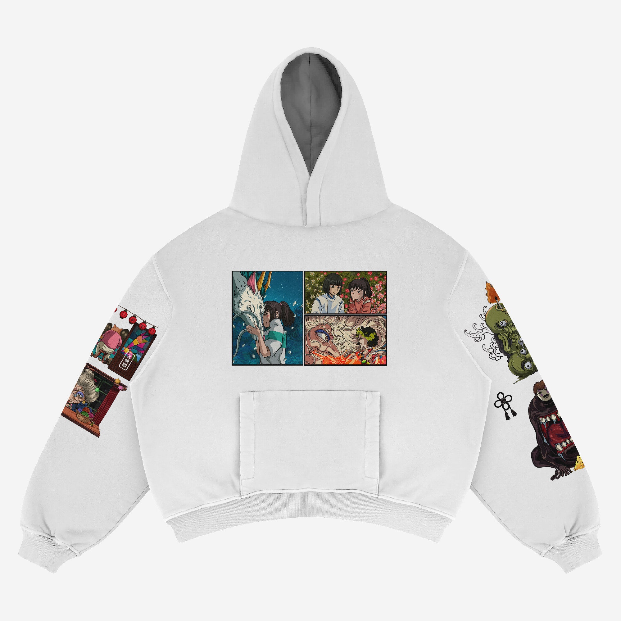 The Spirited Away Anime Hoodie in white 360 GSM cotton features a large front pocket with anime artwork, colorful comic-style illustrations of animals and people including a rabbit on the back and sleeves, and a gray interior hood lining. The design showcases the Haku Dragon & Chihiro scene.