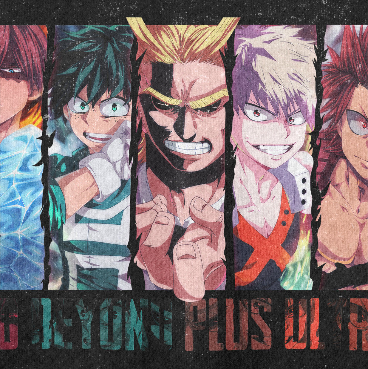 The Vintage My Hero Academia Graphic T-Shirt features five characters, each in a vertical panel showing different expressions. On a washed black oversized tee, part of the "Go Beyond Plus Ultra" phrase appears, capturing anime streetwear vibes.