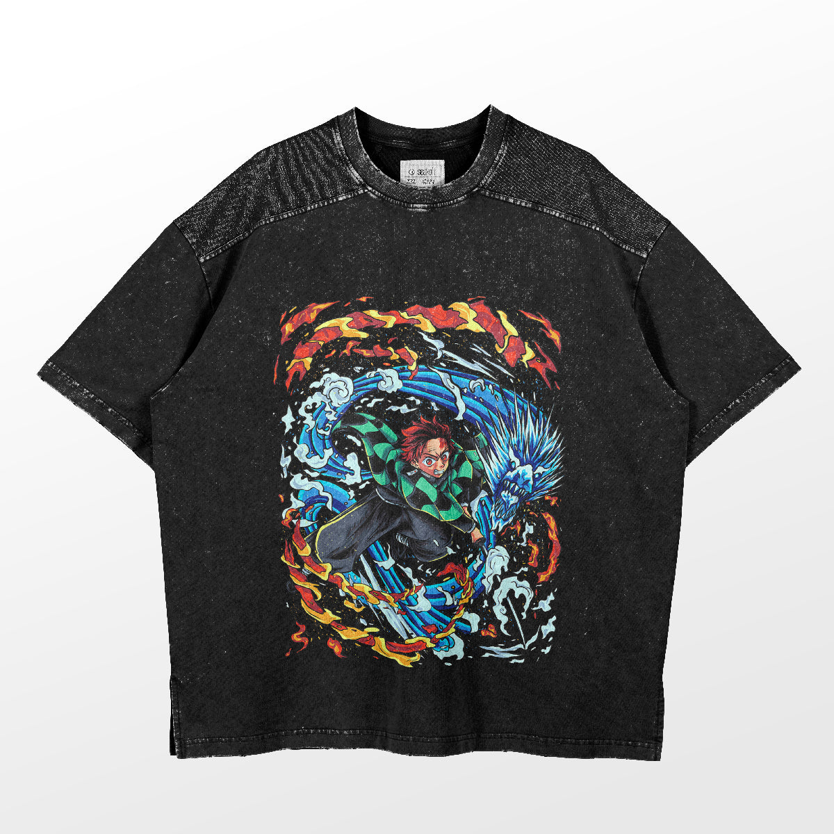 The Demon Slayer-Inspired Graphic T-Shirt features Tanjiro Kamado, showcasing a vibrant Water & Fire Breathing design with red flames and blue waves. This washed black oversized tee adds style with a speckled pattern on the upper section and sleeves, perfect for anime streetwear fans.