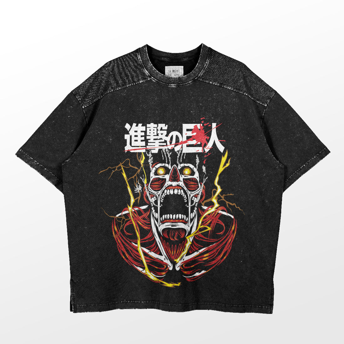 The Attack on Titan-Inspired Graphic T-Shirt features a Colossal Titan design with red and yellow accents, lightning, and Japanese text. This washed black oversized tee captures a vintage streetwear vibe with its speckled texture and relaxed fit.