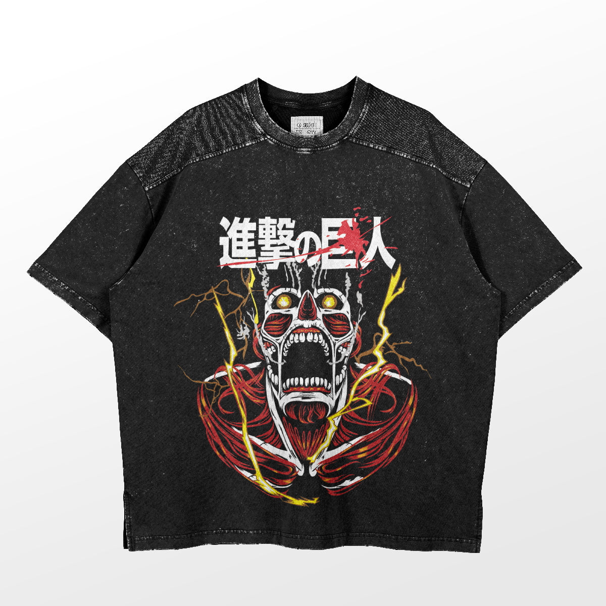 The Attack on Titan-Inspired Graphic T-Shirt features a Colossal Titan design with red and yellow accents, lightning, and Japanese text. This washed black oversized tee captures a vintage streetwear vibe with its speckled texture and relaxed fit.
