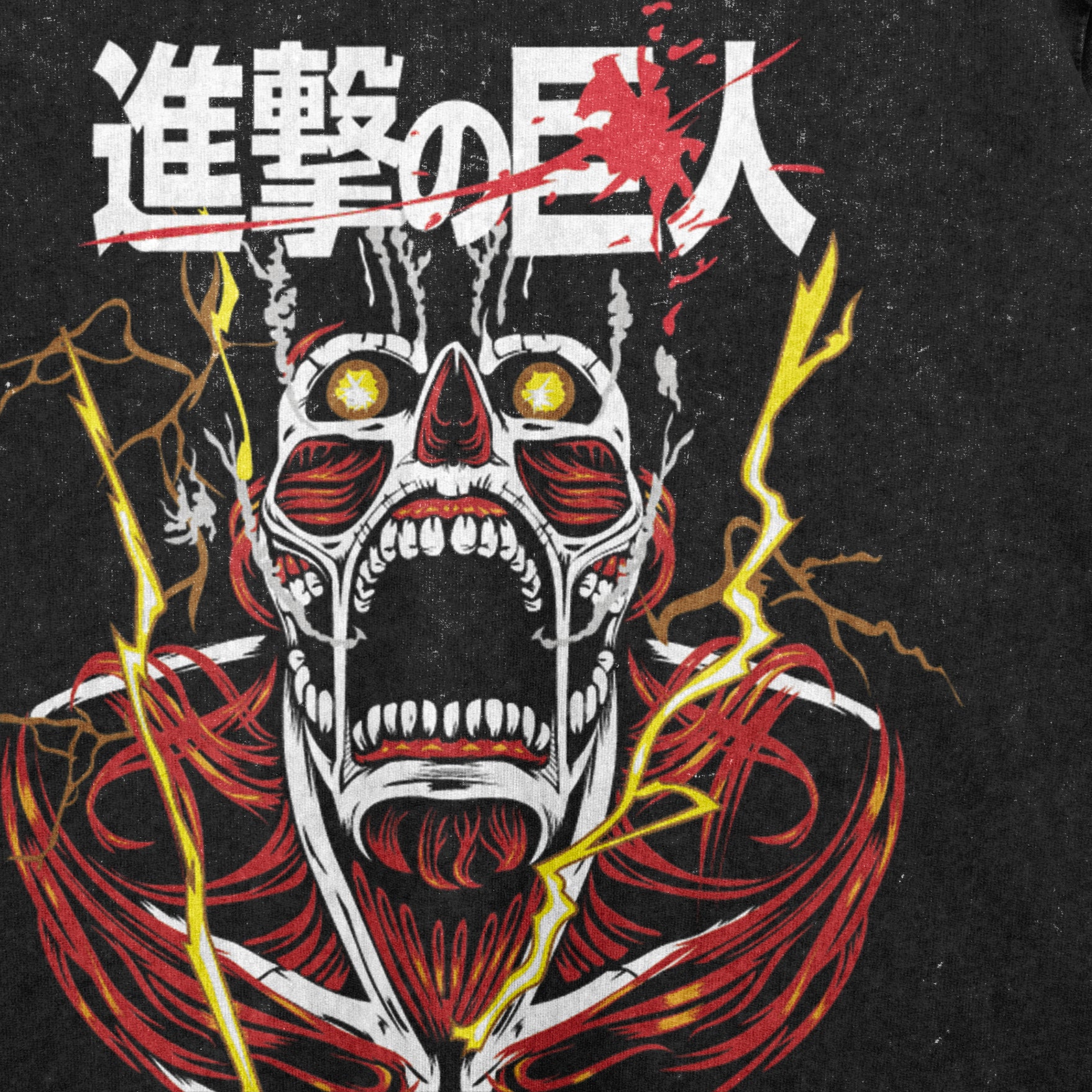 The Attack on Titan-Inspired Graphic T-Shirt showcases a Colossal Titan-like muscular figure with exposed skin and lightning, glowing yellow eyes, an open mouth, and Japanese text in vibrant colors on a dark backdrop, blending vintage streetwear vibes; a washed black oversized tee.