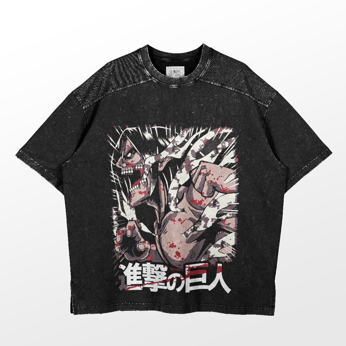 The Attack on Titan-Inspired Graphic T-Shirt by Attack on Titan features Eren’s Attack Titan in an intense pose, set in a washed black oversized tee. Japanese text and textured shoulder details enhance its unique appeal, echoing the iconic style of the series.