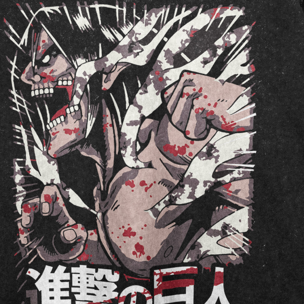 Illustration of an enraged figure with open mouth, clenched fist, dynamic streaks, and red splatters. Japanese characters mimic Attack on Titan&