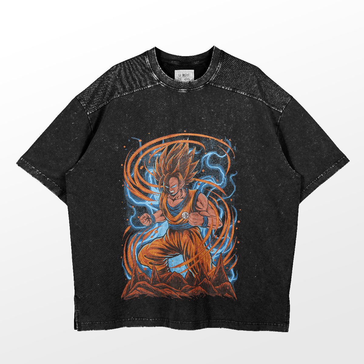 The Seakoff Dragon Ball Z-Inspired Graphic T-Shirt features Super Saiyan Goku with spiky hair and intense expression, surrounded by swirling blue and orange energy on rocky terrain. This washed black oversized tee includes a textured pattern on the shoulders.