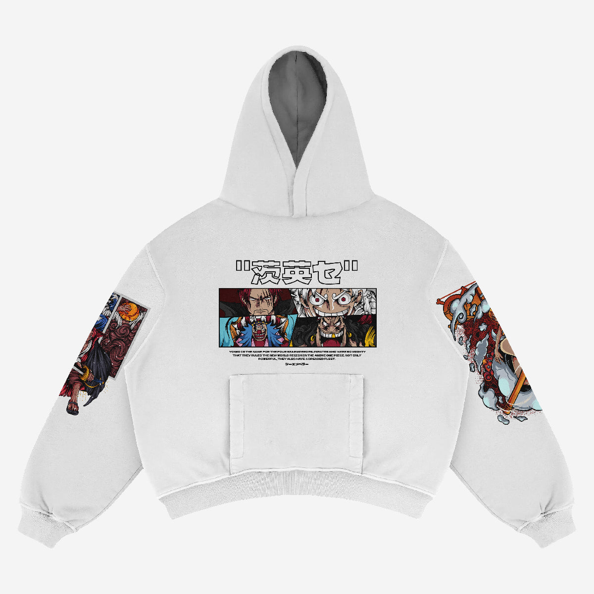 The Seakoff One Piece Hoodie, styled with Uta and Luffy illustrations in vibrant anime graphics on the sleeves and back, is crafted from 360 GSM cotton. Its streetwear flair showcases three characters in separate panels with stylized text—a must-have for any anime wardrobe.