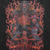 The Seakoff "One Piece-Inspired Graphic T-Shirt – Yonko Legacy & Luffy Design" features a washed black oversized tee showcasing four anime characters encircled by flames, with a Yonko-like figure menacingly at the top, and others in unique poses against a dark backdrop.