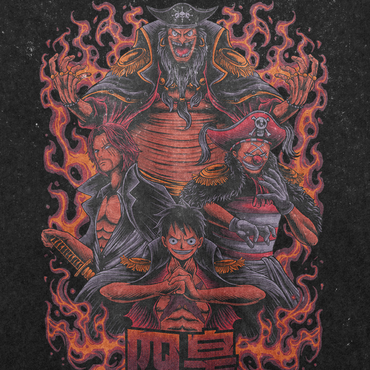 The Seakoff "One Piece-Inspired Graphic T-Shirt – Yonko Legacy & Luffy Design" features a washed black oversized tee showcasing four anime characters encircled by flames, with a Yonko-like figure menacingly at the top, and others in unique poses against a dark backdrop.