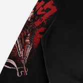 This black Berserk Anime Hoodie features a sleeve design with an armored character holding a sword against a red background. Titled "Berserk," it&