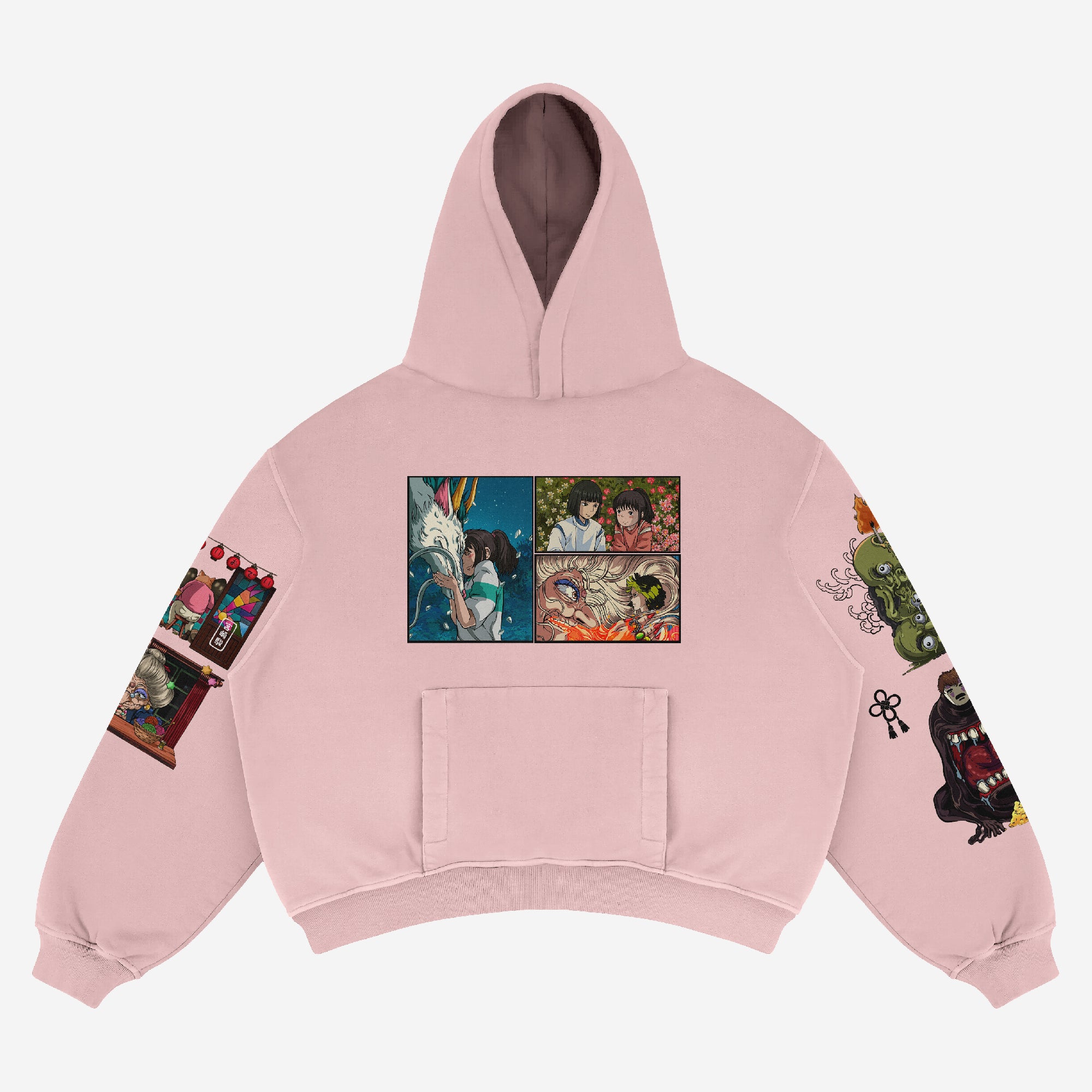 This oversized Spirited Away Anime Hoodie in white features Haku Dragon & Chihiro with colorful comic-style artwork on the front and sleeves. Made from 360 GSM cotton, it includes a large pocket and drawstring hood, perfect for fans of Spirited Away.