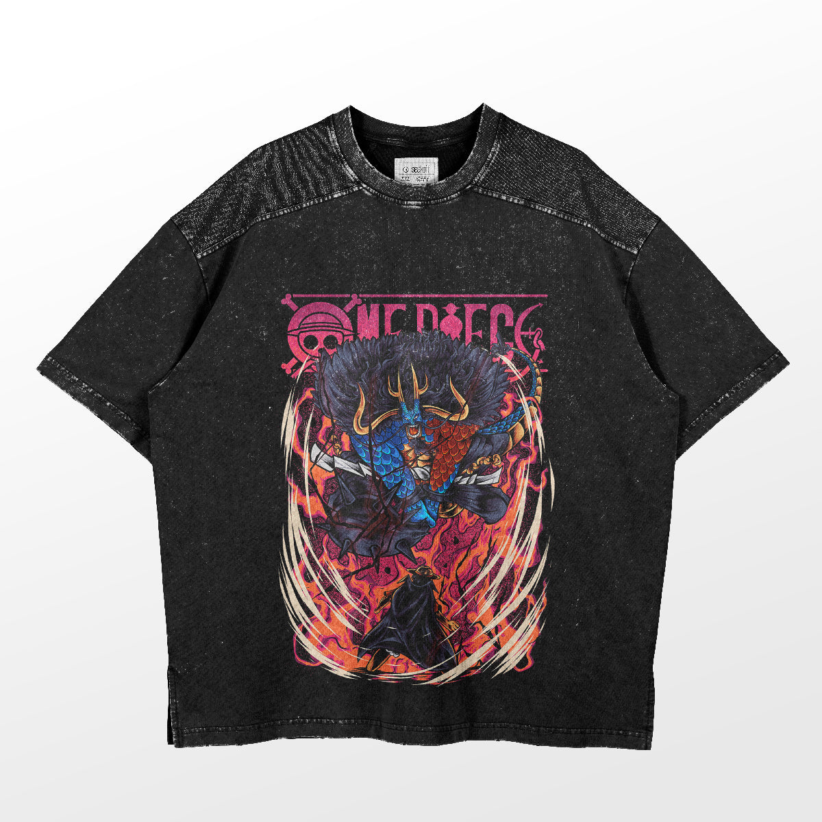 The Seakoff "Emperor’s Clash" Washed Black One Piece T-shirt showcases a vibrant Kaido vs. Luffy graphic amid swirling fire and smoke, topped with stylized text for an anime streetwear vibe.