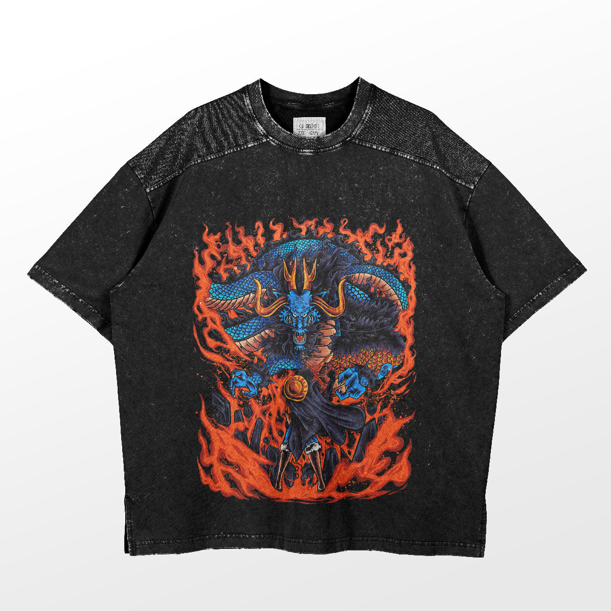 The Seakoff One Piece-Inspired Graphic T-Shirt features a "King of Beasts" Kaido Dragon design on a washed black oversized tee, depicting a blue, horned creature with wings and orange flames, holding a globe. Its anime streetwear style and speckled texture offer perfect vibes for One Piece fans.