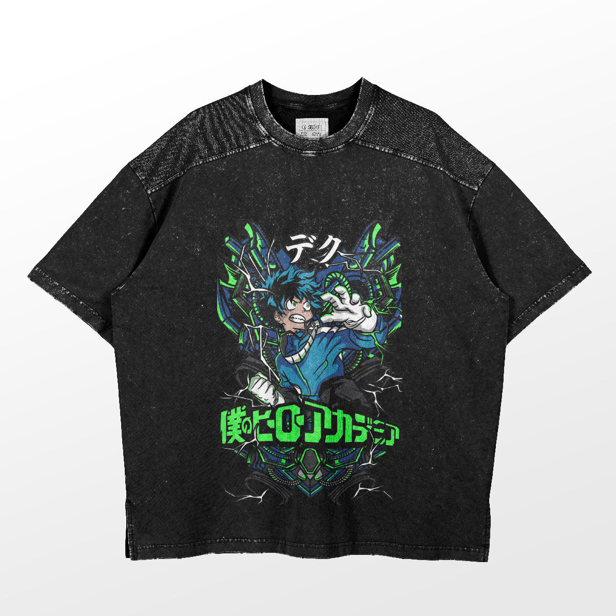 A washed black oversized tee featuring a vibrant graphic of Izuku Midoriya "One For All Power Surge" with spiky green hair and green/blue effects, complemented by Japanese text, capturing My Hero Academia vibes.