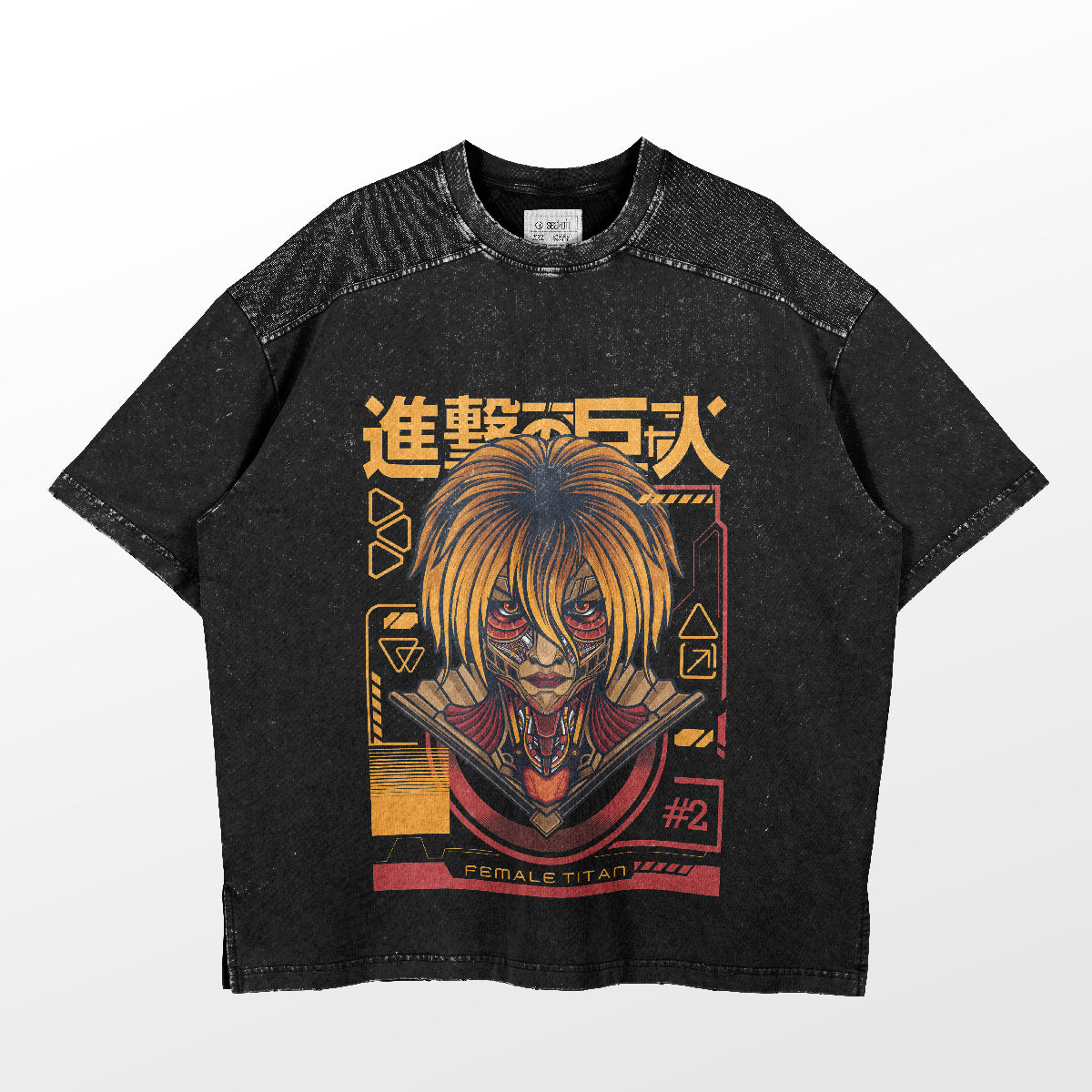The Attack on Titan-inspired oversized washed black tee displays a "Female Titan" with yellow hair and intense expression, enhanced by Japanese characters.