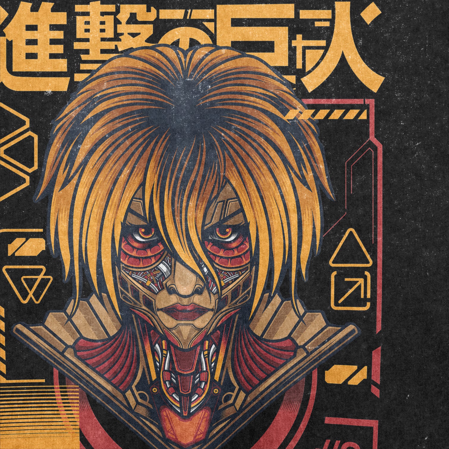 A fierce, futuristic character with mechanical elements and spiky hair adorns the Attack on Titan-Inspired Graphic T-Shirt featuring a "Battle Form" Female Titan design, with stylized text and geometric designs in yellow and red on a dark backdrop, enhancing its Attack on Titan-inspired vibe.