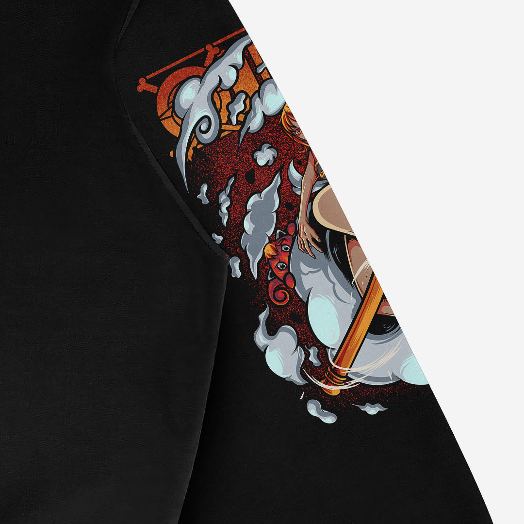 This black One Piece hoodie by Seakoff features a dynamic anime design of Uta and Luffy in swirling clouds, with vibrant contrasts. Crafted from premium 360 GSM cotton, it&