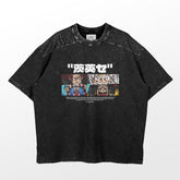 The Seakoff One Piece-Inspired Graphic T-Shirt is a washed black oversized tee featuring Luffy and Shanks in the "Courage and Legacy" design, ideal for fans of vintage streetwear with its casual speckled texture.