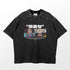 The Seakoff One Piece-Inspired Graphic T-Shirt is a washed black oversized tee featuring Luffy and Shanks in the "Courage and Legacy" design, ideal for fans of vintage streetwear with its casual speckled texture.