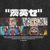 The Seakoff One Piece-Inspired Graphic Tee features four pirates, including Luffy and Shanks, each in horizontal panels. Bold "四皇" text describes these figures as the "Four Emperors," rulers of the New World. This washed black oversized tee is titled "Courage and Legacy.