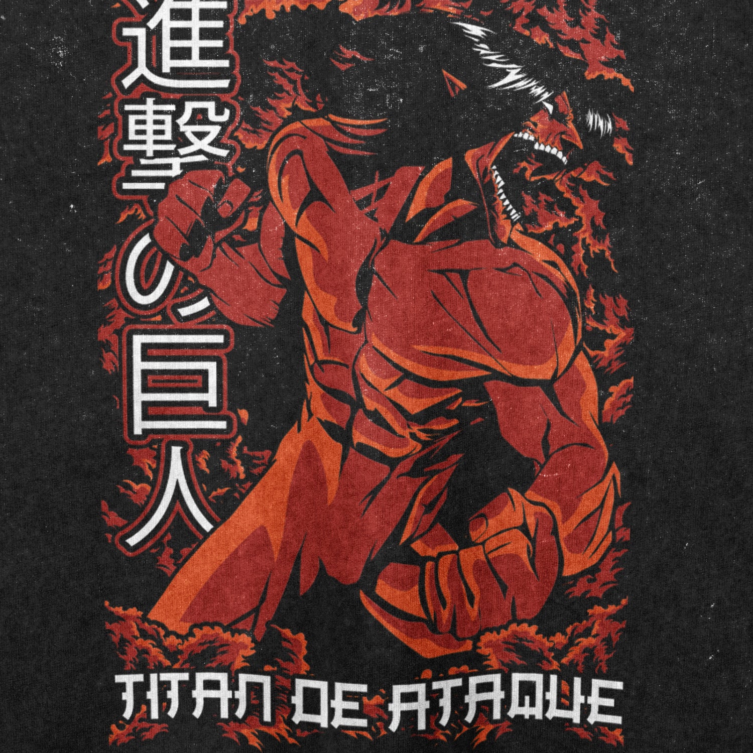 An illustration of a muscular character in a dynamic pose, clad in red with sharp teeth and an intense expression. Encircled by fiery details and Japanese text on the left, it showcases "Titan de Ataque" in bold white text at the bottom, echoing Eren’s Attack Titan design on an oversized washed black tee.