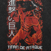 An illustration of a muscular character in a dynamic pose, clad in red with sharp teeth and an intense expression. Encircled by fiery details and Japanese text on the left, it showcases "Titan de Ataque" in bold white text at the bottom, echoing Eren’s Attack Titan design on an oversized washed black tee.