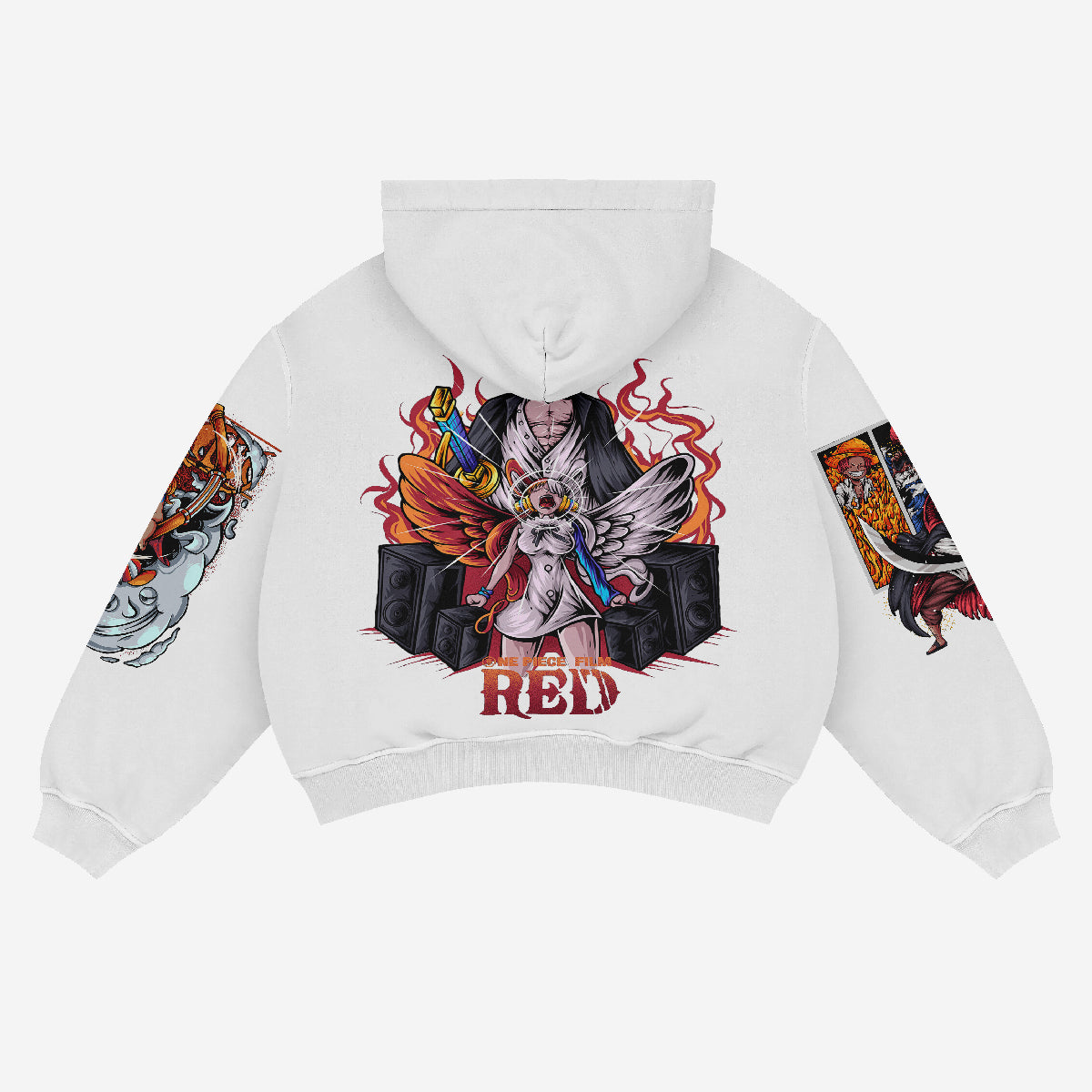 The image displays a Seakoff One Piece Hoodie in streetwear style, made of premium 360 GSM cotton, featuring colorful artwork. The back displays an angelic figure with wings, flames, and speakers, while vibrant illustrations adorn the sleeves. "RED" is printed prominently in red. Perfect for anime fans!.