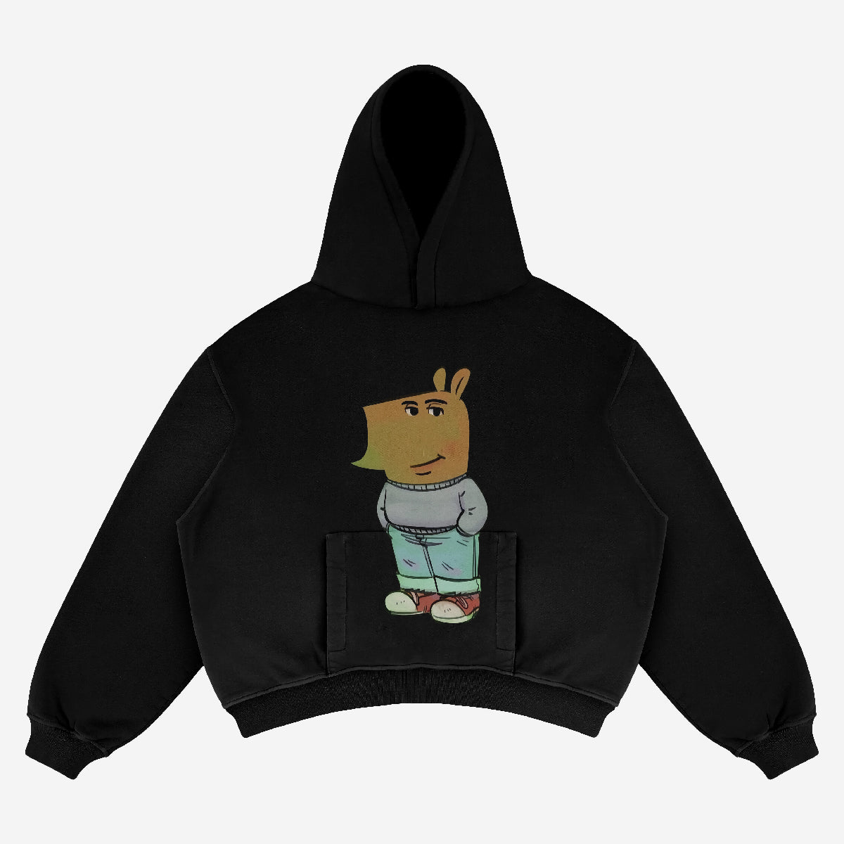 Meet the Chill Guy Hoodie by Chill Guy, a trendy streetwear piece available in black or white. Featuring a viral meme character with rabbit-like ears, brown head, green shirt, gray jacket, blue jeans, and red shoes. Includes a large pocket and hood.