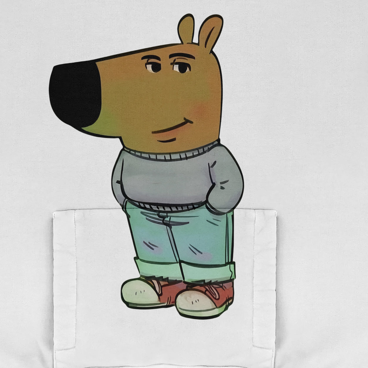 An animal cartoon character with a large snout sports the Chill Guy Hoodie in gray, paired with light blue jeans and red sneakers. It stands with hands in pockets on a plain background, embodying the essence of trendy streetwear and viral meme design by Chill Guy.