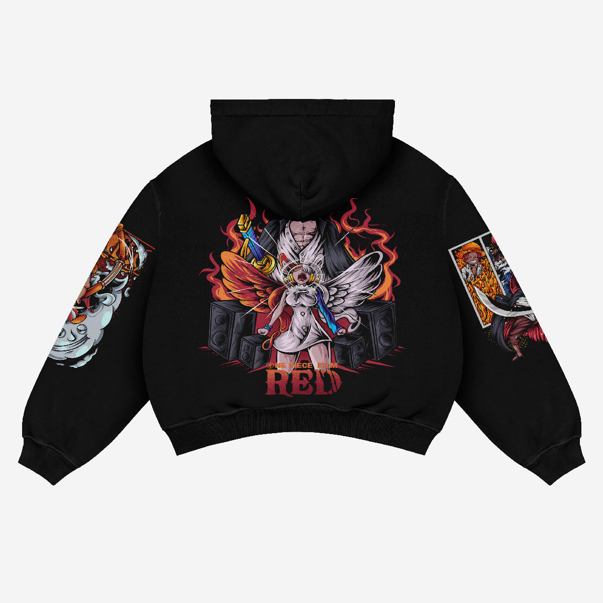 The Seakoff One Piece Hoodie is a black streetwear-style pullover made from 360 GSM premium cotton, featuring anime-inspired fantasy illustrations of Uta and Luffy on the back and vibrant, intricate artwork on each sleeve.