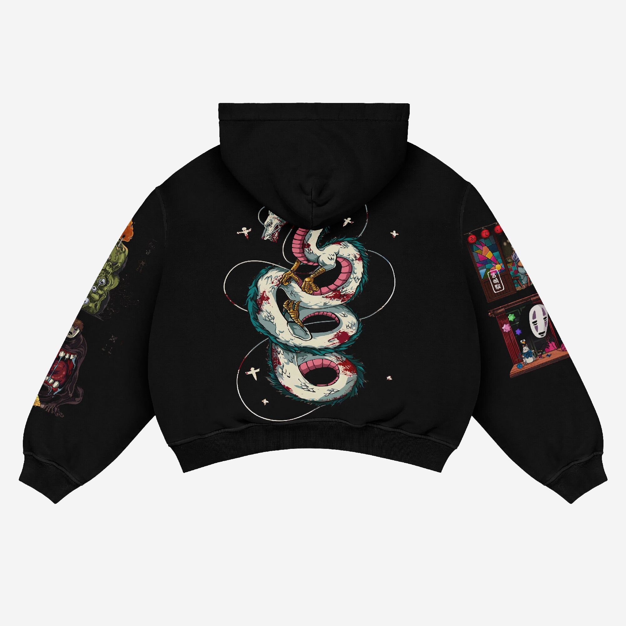 Experience the Spirited Away Anime Hoodie in white, featuring Haku Dragon & Chihiro Scene. This 360 GSM cotton hoodie blends oversized streetwear sleeves with vivid graphics, including a mask and vibrant elements, on its back. Made by Spirited Away, the hood remains plain black.