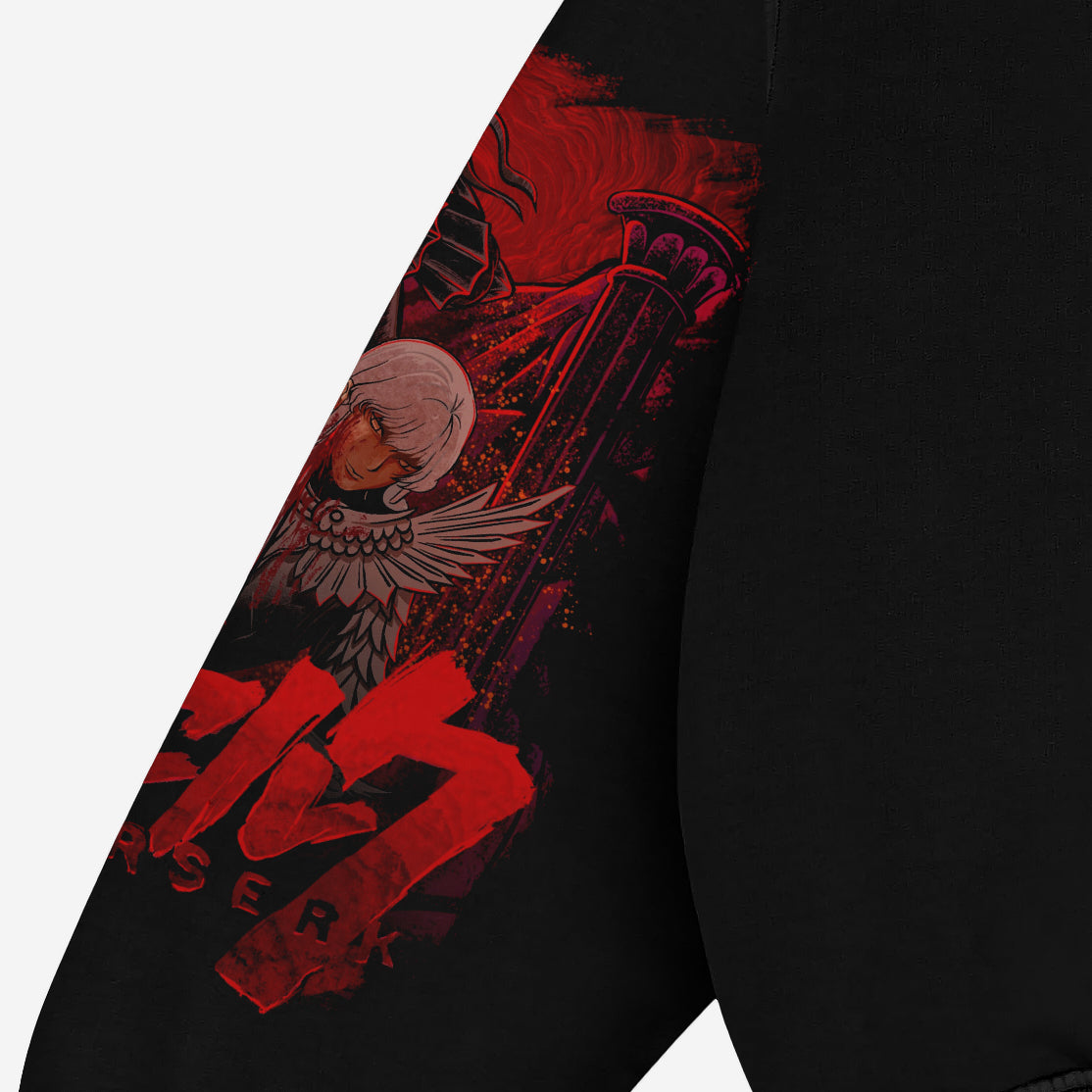 Close-up of a Berserk Anime Hoodie sleeve showcasing vibrant artwork, including a winged figure and tall structure on a red and black background. Partially displaying "BERSERK," the design subtly weaves in Guts imagery, perfect for anime fans. Brand: Berserk.