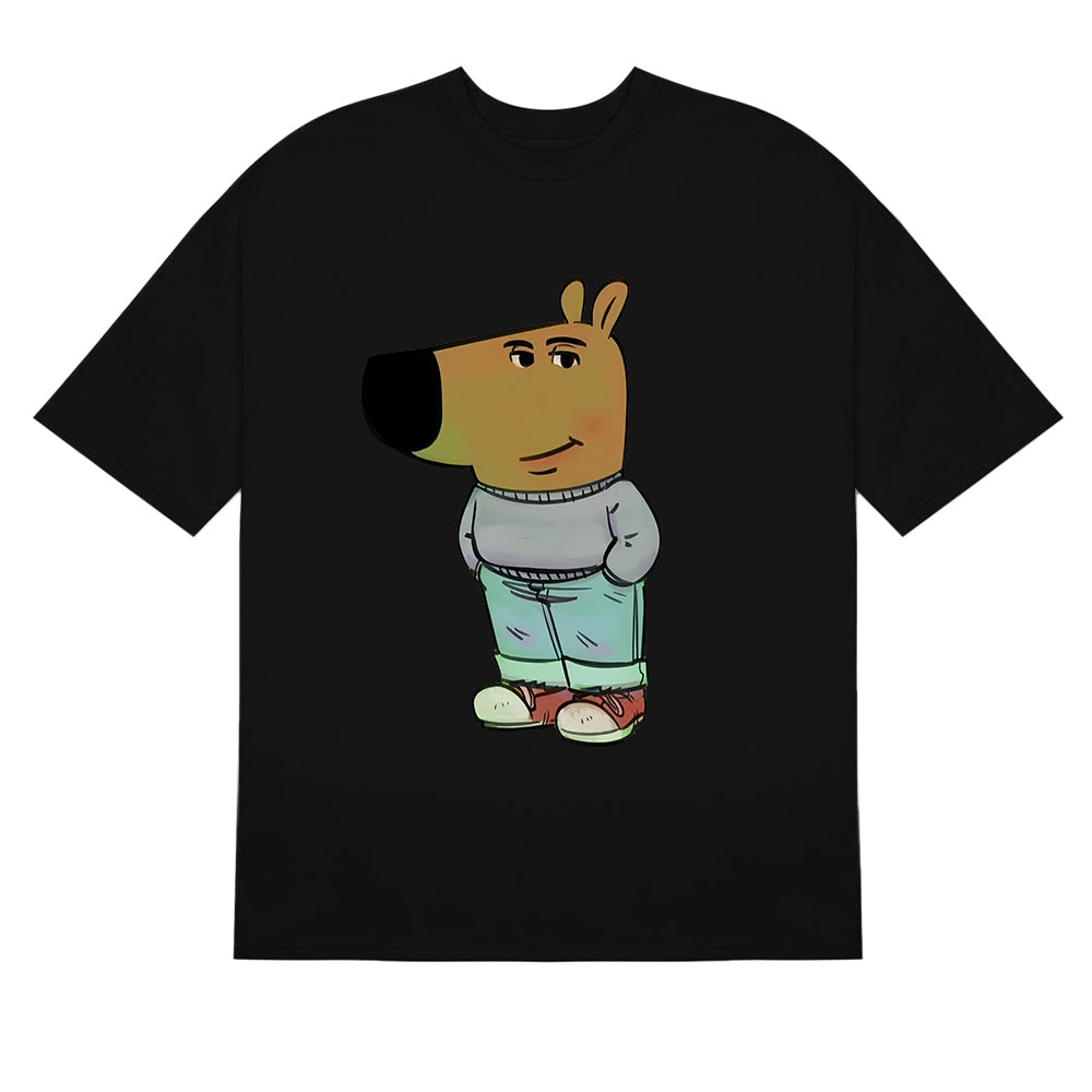 The Classic Chill Guy T-Shirt from Chill Guy features a streetwear-inspired cartoon character with animal traits. Wearing a gray sweater, blue jeans, and red shoes, this internet meme icon is brought to life on your favorite black or white tee.