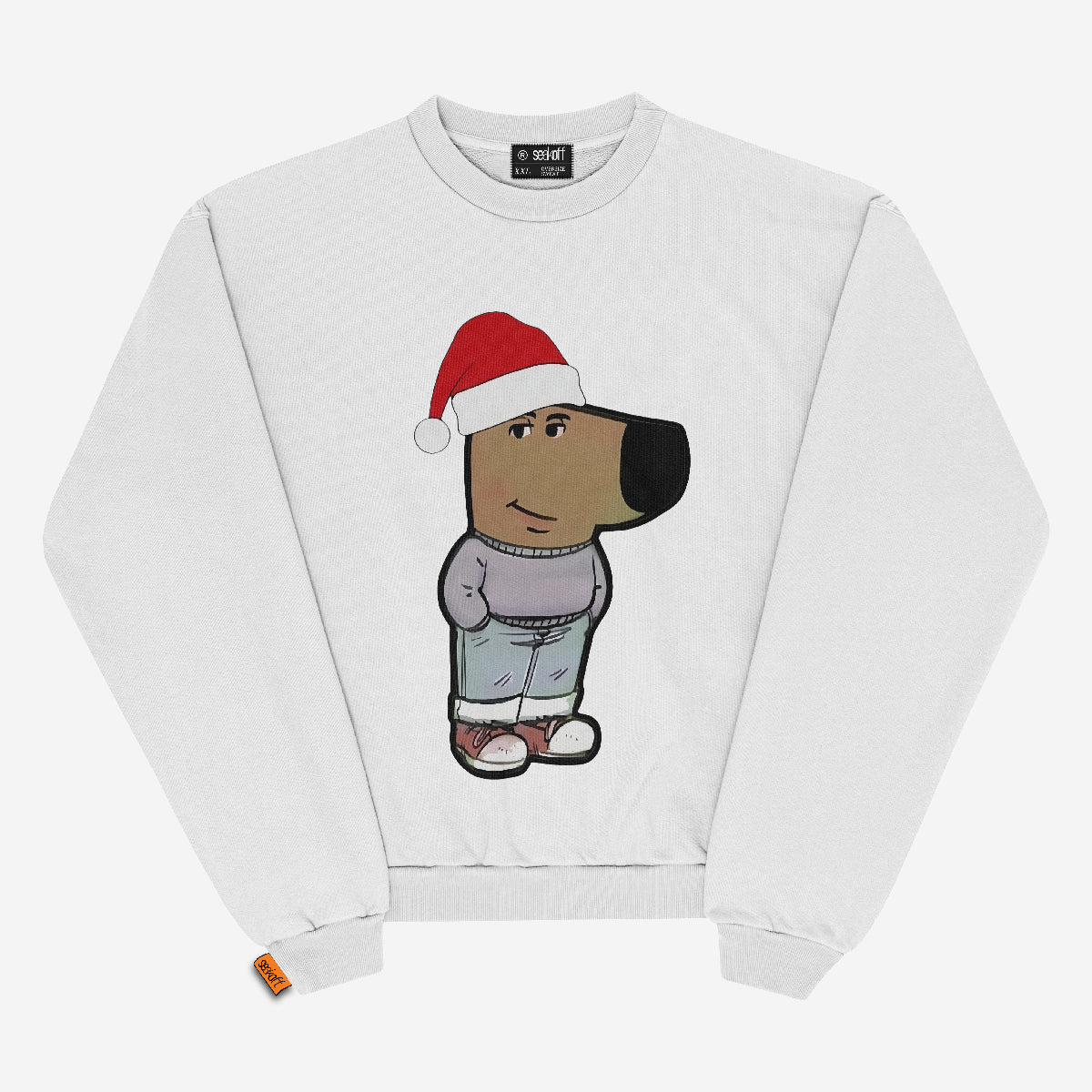 Check out the Chill Guy Holiday Sweatshirt, a festive meme-inspired pullover in white, featuring a cartoon dog in a Santa hat, purple shirt, blue jeans, and white shoes. It’s perfect for meme lovers and boasts an orange tag on the bottom left. Available in black too!.