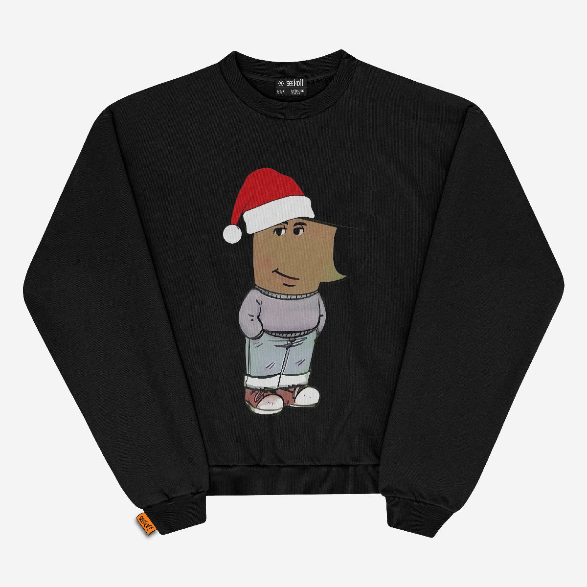 Meet the Holiday Chill Guy Sweatshirt by Chill Guy, a festive meme-inspired pullover in black or white. It features a quirky character with a big head, red Santa hat, gray shirt, jeans, and sneakers, embodying the ultimate holiday vibe while standing coolly with hands behind its back.