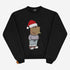Meet the Holiday Chill Guy Sweatshirt by Chill Guy, a festive meme-inspired pullover in black or white. It features a quirky character with a big head, red Santa hat, gray shirt, jeans, and sneakers, embodying the ultimate holiday vibe while standing coolly with hands behind its back.