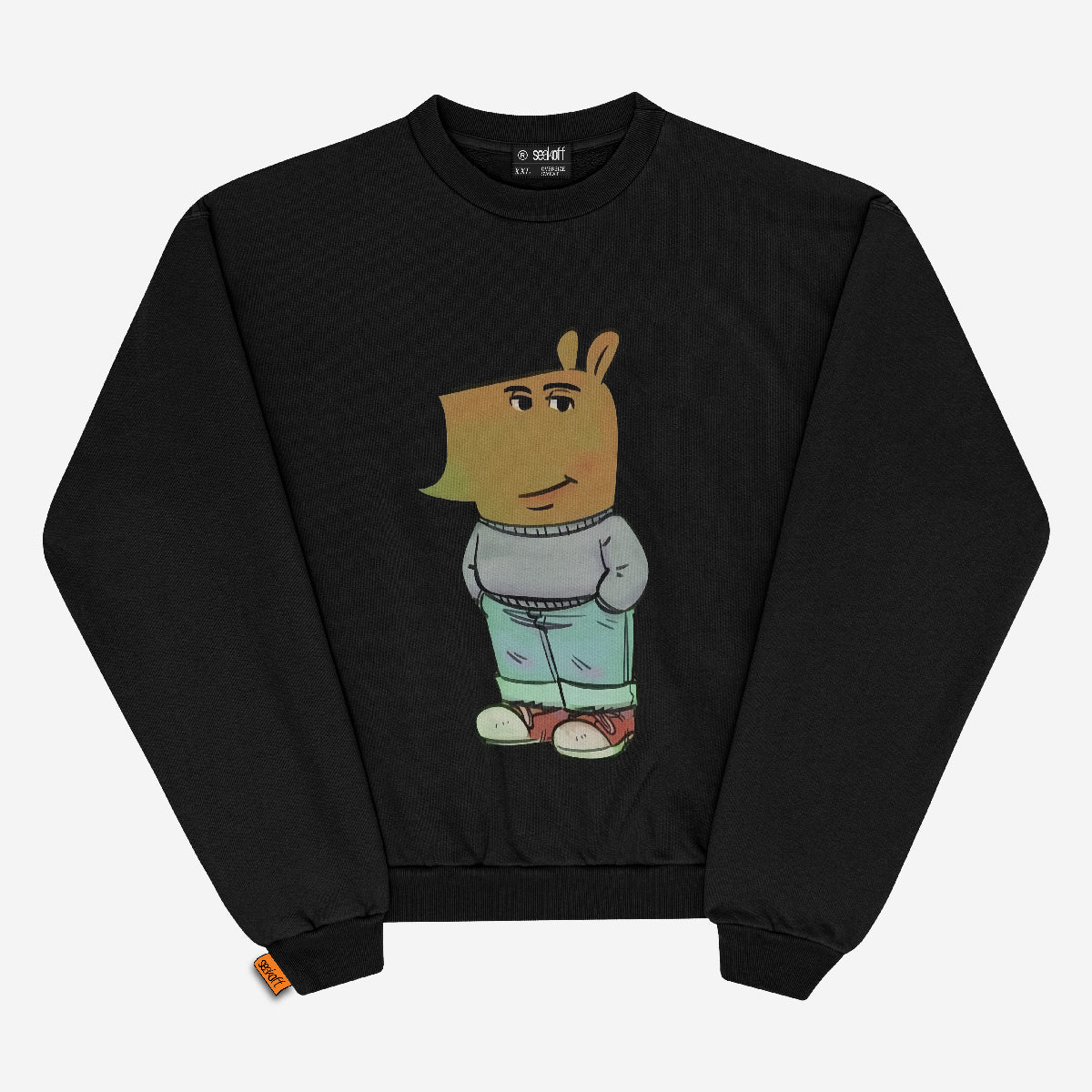 Get cozy with the Classic Chill Guy Sweatshirt by Chill Guy, a viral meme-inspired pullover available in black or white. This cotton fleece-lined sweatshirt features a cartoon character with a large nose, wearing a gray sweater, blue pants, and brown shoes. It includes ribbed cuffs and hems.