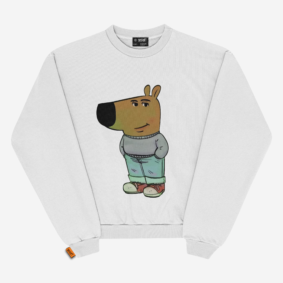 The Classic Chill Guy Sweatshirt by Chill Guy is ideal for meme lovers, showcasing a cartoon animal with a large oval nose in gray and blue attire. Available in white and black, this fleece-lined cotton pullover combines cozy comfort with viral style.
