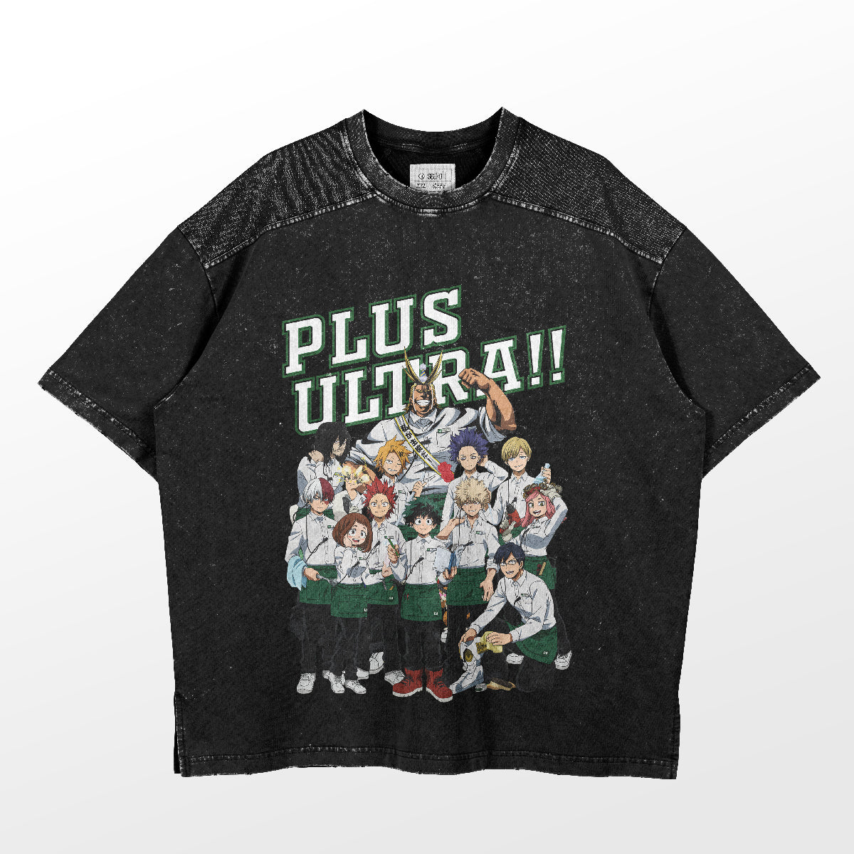 The My Hero Academia oversized black t-shirt features "Plus Ultra!!" in bright green and white with a charming illustration of eleven smiling Class 1-A characters over a crisp white background.