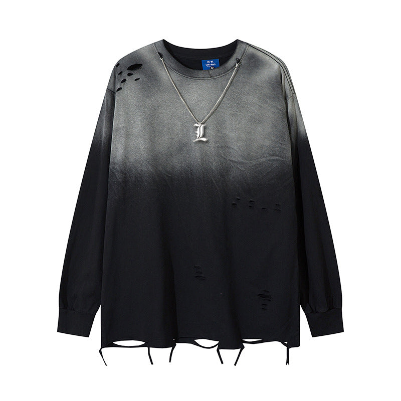 The Death Note Limited Edition Black & Gray Gradient Long Sleeve Shirt features a distressed design and artistic hem, inspired by anime streetwear. Perfectly paired with a silver necklace featuring a metallic "L," it echoes the iconic Death Note style.