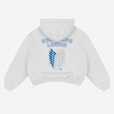 The Attack on Titan Levi Hoodie is an oversized black streetwear piece featuring "SCOUTING LEGION" in blue above a stylized emblem in blue and gray, with "FOR THE GLORY OF HUMANITY" below, honoring Levi Ackerman. It&
